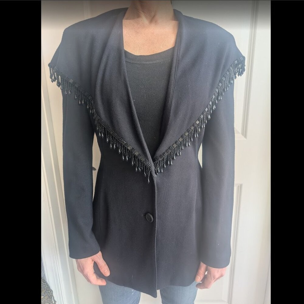 Unique Vintage Black Blazer with Shawl Collar, Beaded Trim